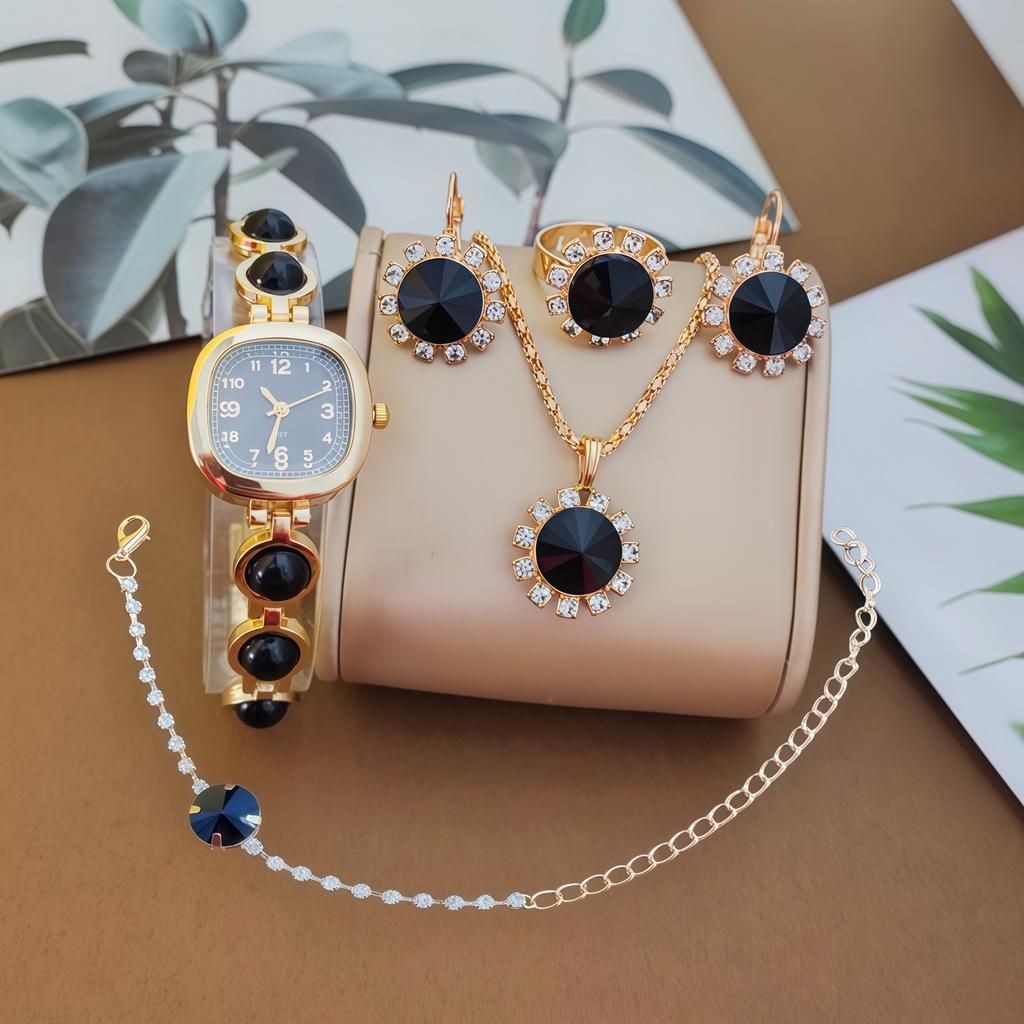 Ladies' Gemstone Set, Quartz Watch, Round Digital Light Luxury Carat Diamond-encrusted Bracelet, Watch Accessory Set.