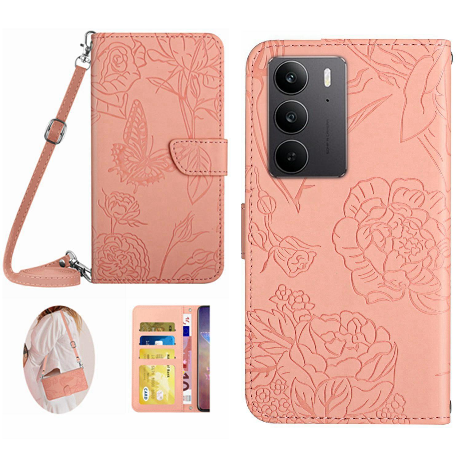 

Для Realme C75 4G Чехол Кожаный чехол для телефона с тиснением бабочки и цветка и плечевым ремнем Pink