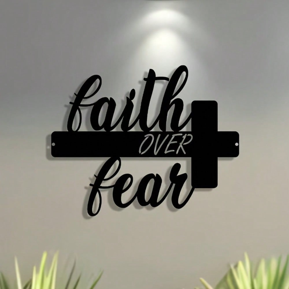 Vintage Faith Over Fear Cross Metal Sign Iron Wall Decor Inspirational Plaque Home Office Gift