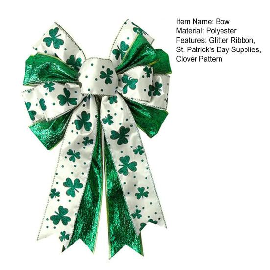 St. Patrick's Day Bow Large White Green Glitter Shamrock Bow Irish Holiday Decor Ribbon Bow Knot for Wreath Tree Topper Front Door
