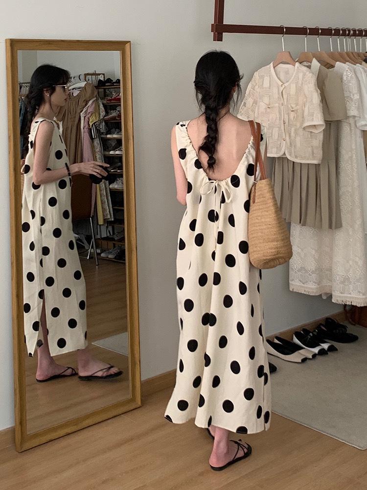 Women's Polka Dot Backless Sleeveless Dress - Summer Holiday Style, Slim Fit, Loose Fit, Long Length