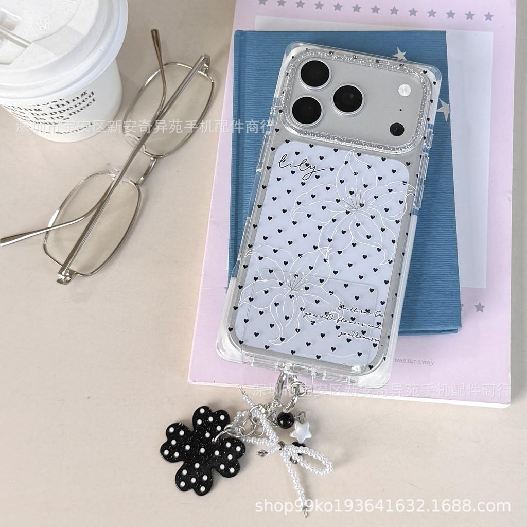Simple wind full screen black polka dots suitable for iPhone17promax square hot-selling Japanese and Korean Apple mobile phone case