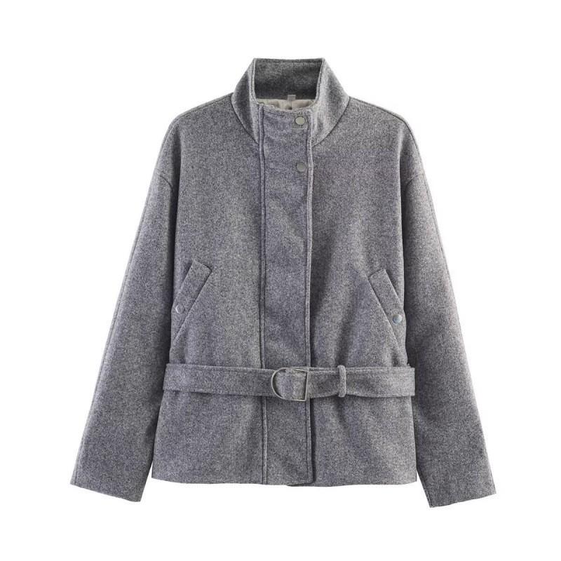 Womens Oversized Wool Blend Zip-Up Stand Collar Jacket With Waist Belt 2026 Streetwear Loose Fit Mid-Length Coat