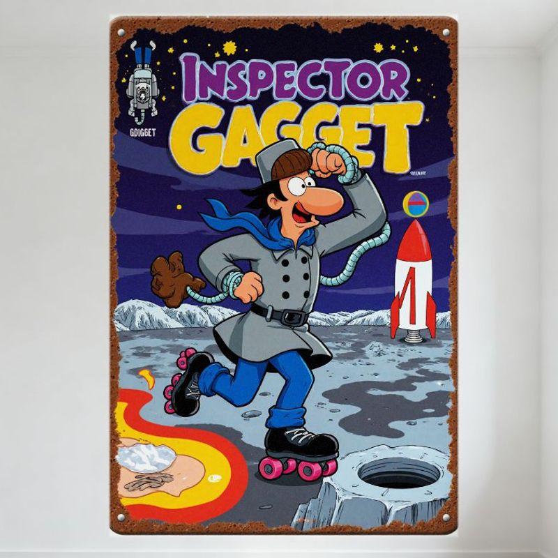 Vintage Inspector Gadget Metal Tin Sign, 80s Cartoon Sci-Fi Decor, Dynamic Pose with Gadget Arm & Space Background, Home Bar Man 20x30cm（7.8x11.8inch）