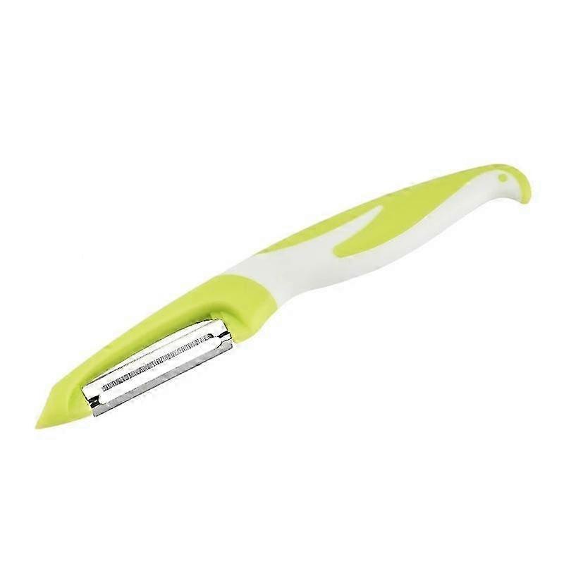 Fruit and vegetable peeler with serrated stainless steel blades, ergonomic handle, and potato sprout remover. Light Green.