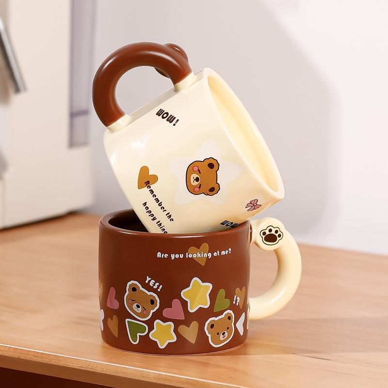 Korean version bear mug large capacity with lid straw creative cup cute coffee cup drinking cup gift box