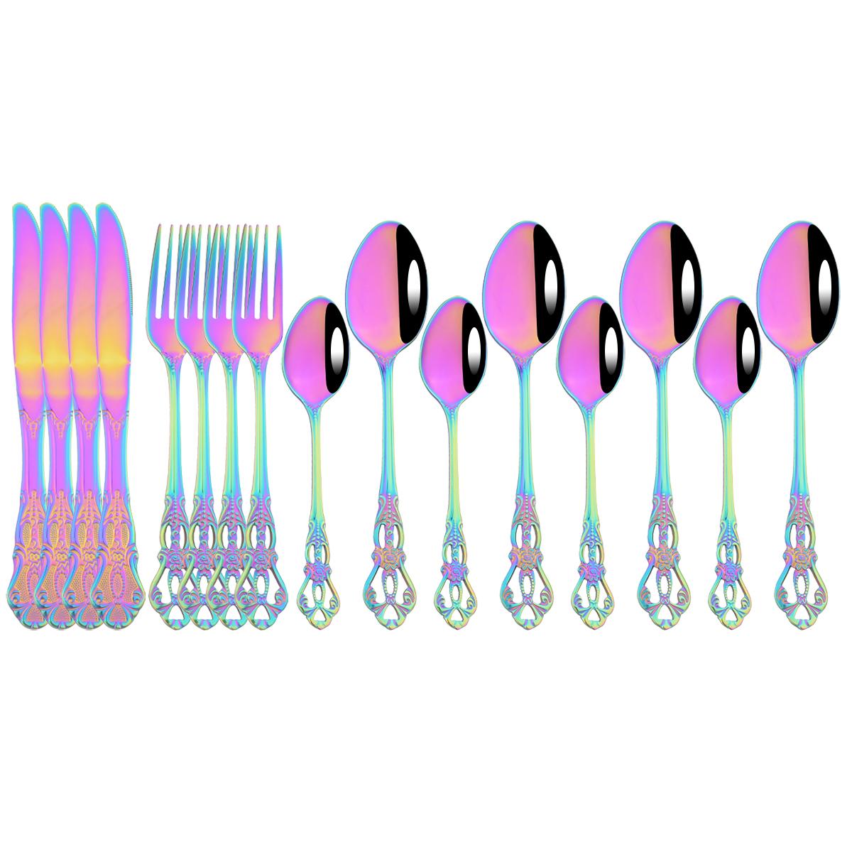 

16 шт. красочный набор столовой посуды, винтажная посуда из нержавеющей стали, нож для стейка, вилка, десертная ложка, набор столовых приборов, вечерние кухонные столовые приборы