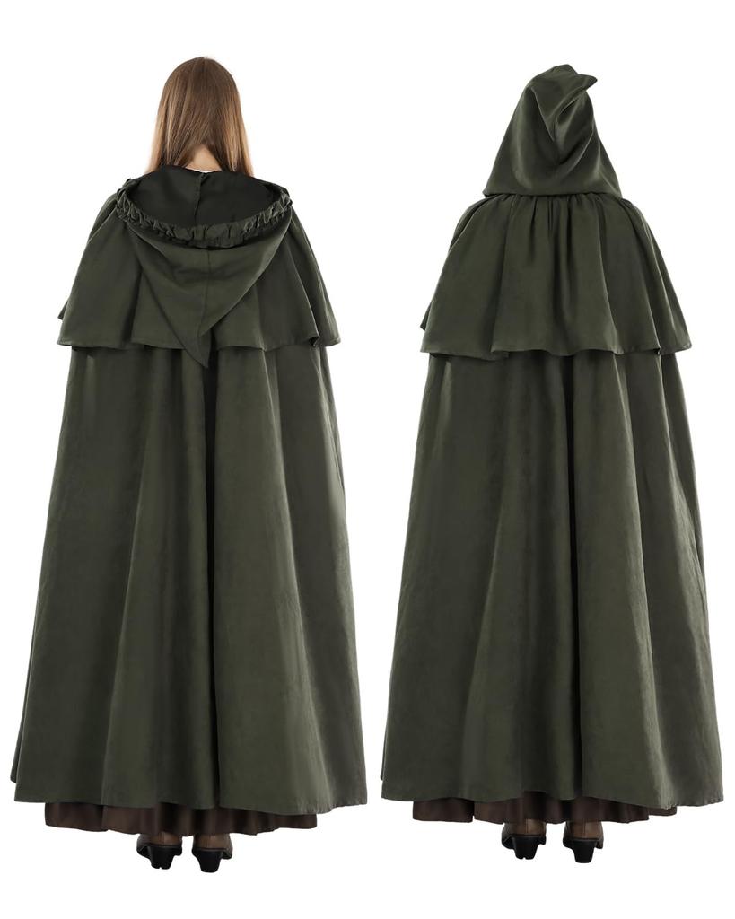 Long Hooded Medieval Vintage Cape for Halloween Witch Cape Size [Kami-Yu-Hyaku] Cosplay, (Green, S)