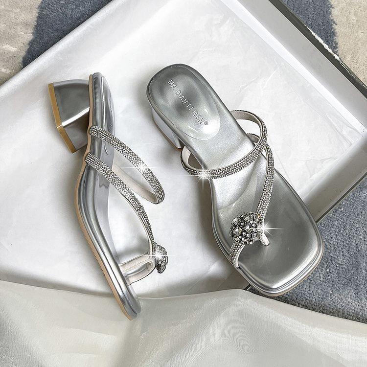 2025 Summer New Versatile Rhinestone French Thick Heel Set Toe Slippers Women Wear Sandals High-end Flip-flops