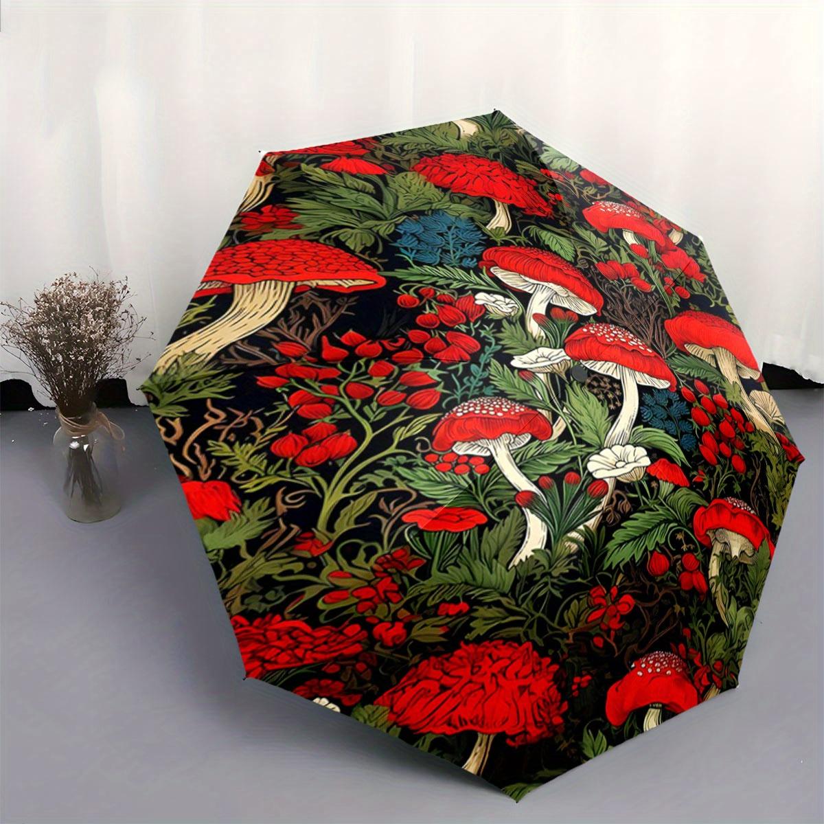 

Automatic Open/Close Umbrella with Red Mushroom & Green Foliage Forest Design - Auto Folding umbrella, Compact Travel Umbrella