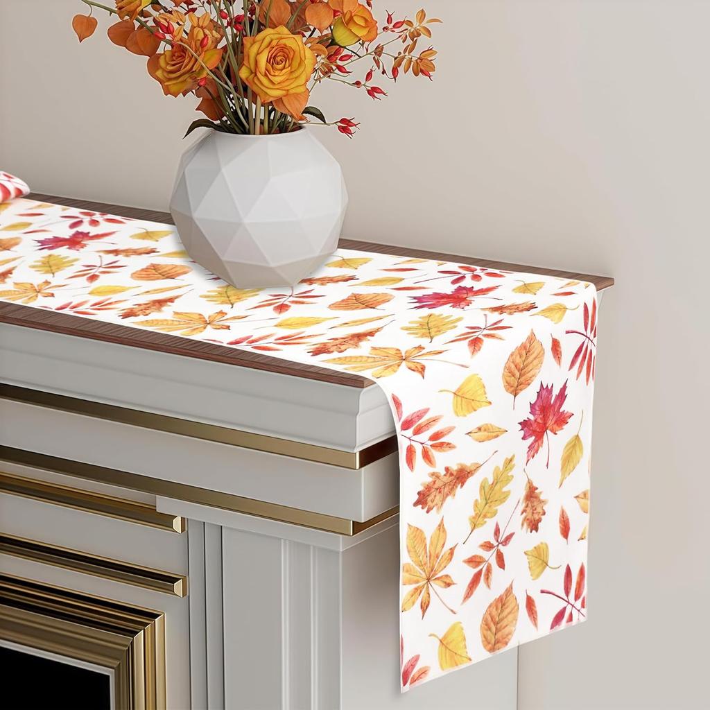 OWENIE Fall Table Runner for Kitchen Dining Table, Thanksgiving Autumn Printed Harvest Pumpk Maple Leaves Textured Fabric Halloween Holiday Home