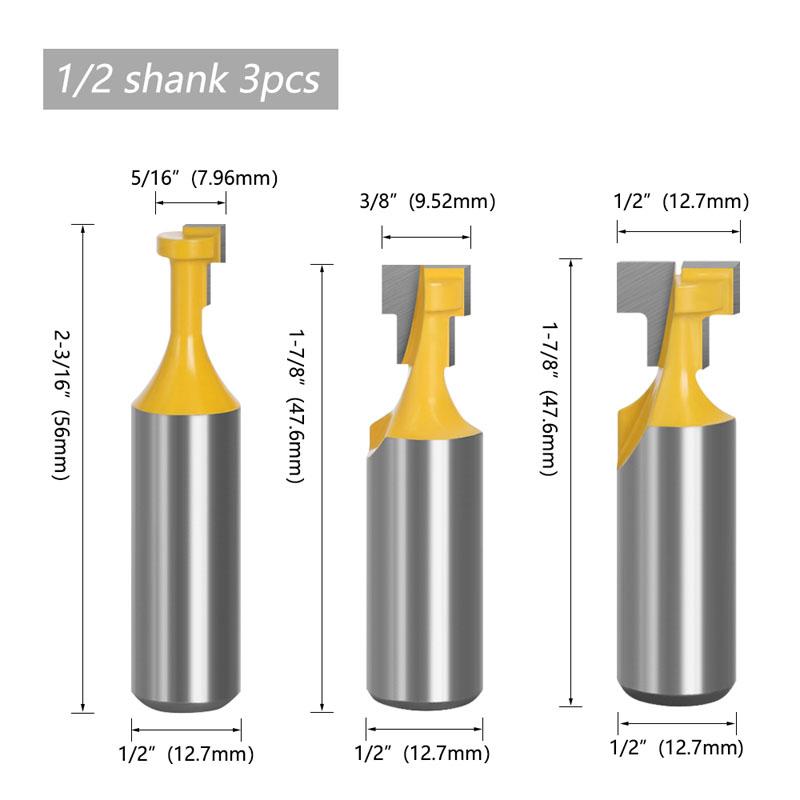 3pcs T-Track Slotting & T-Slot Keyhole Cutter Wood Router Bit Steel Handle 3/8'' & 1/2'' Length Cutter For Wood - 6mm/6.35mm/8mm/12mm/12.7mm Shank