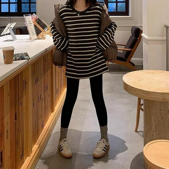 Women's Japanese Style Striped Long Sleeve Base Layer T-Shirt - Slimming, Brushed, Loose Fit for Spring, Autumn, Winter