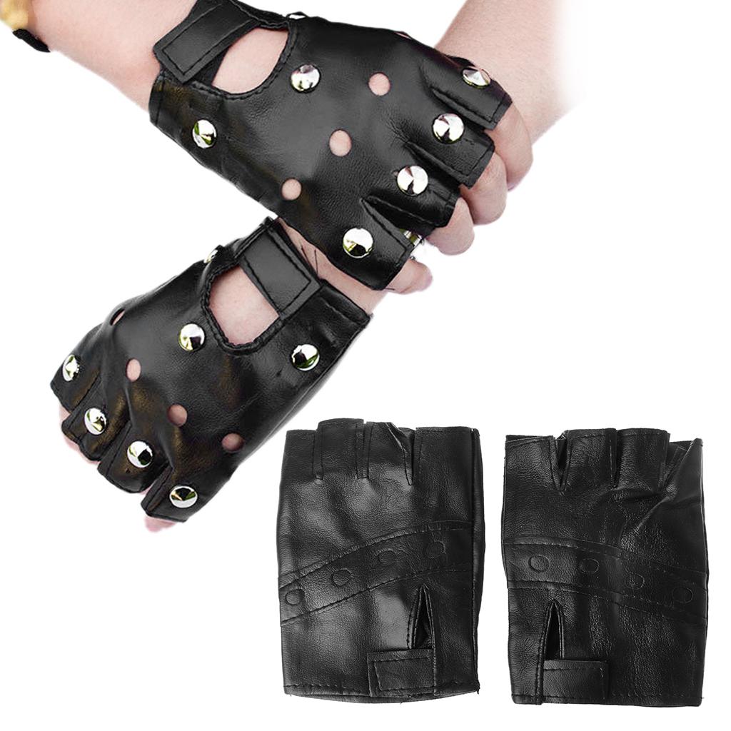 Black Half Finger Motorcycle Mittens Solid Color Faux Leather Gloves for Unisex