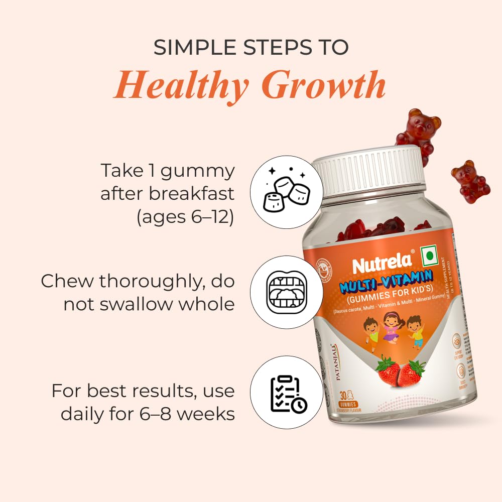 Nutrela Kids Multivitamin Gummies Strawberry Flavour 30 Gummies X Pack of 2 For Age 5+ Boost Immunity Bone Energy
