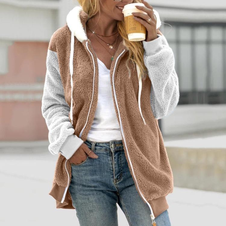 Hooded Zip Multicolor Women's Large Size Loose Coat Paneled Plush Jacket