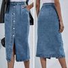 Hip Wrap Single Breasted Slant Pockets Front Split Pencil Skirt Fashion High Waist A-Line Denim Midi Dress Female Clothing