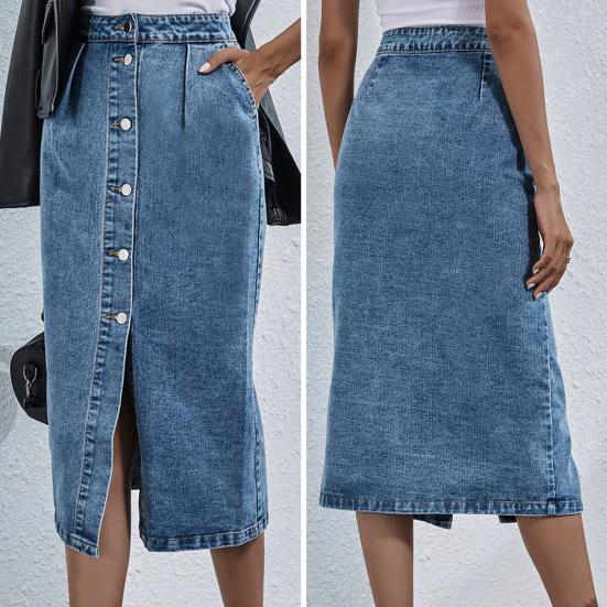 Hip Wrap Single Breasted Slant Pockets Front Split Pencil Skirt Fashion High Waist A-Line Denim Midi Dress Female Clothing
