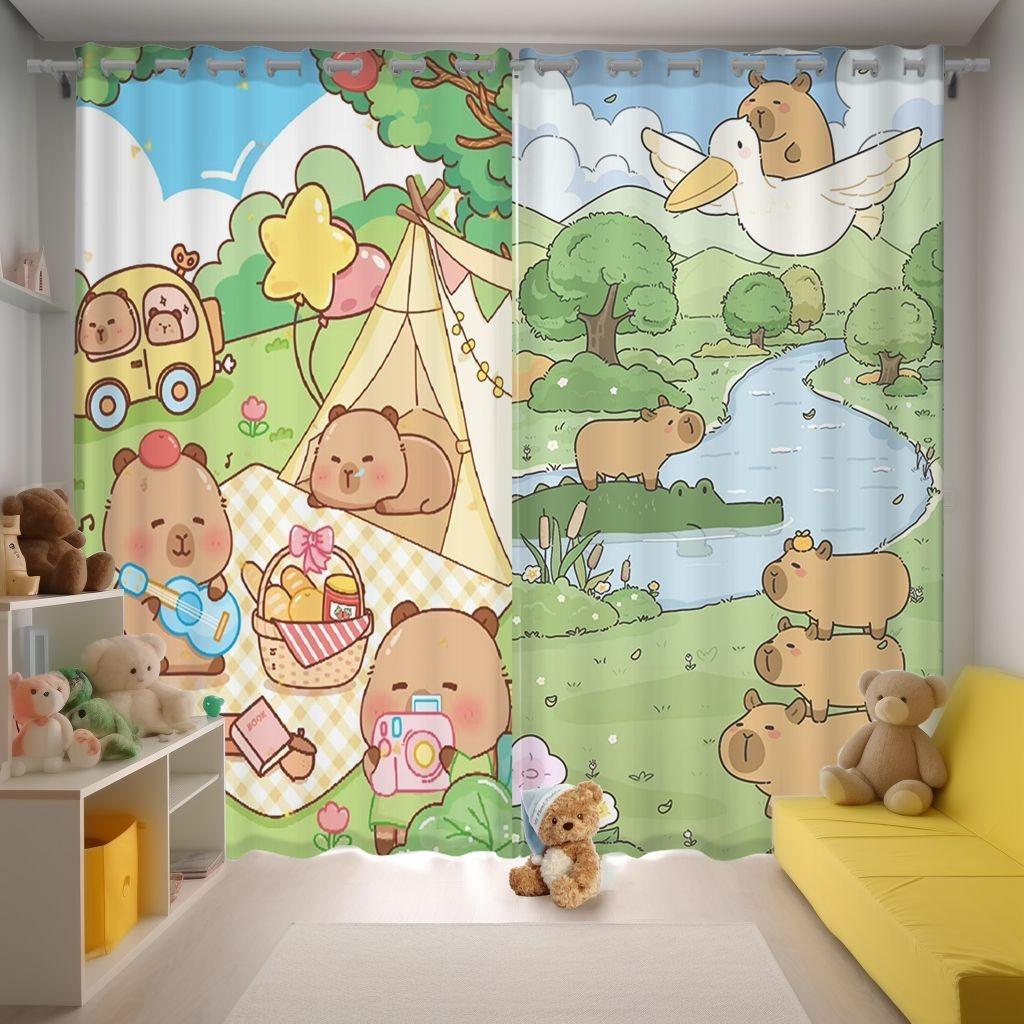 150x166CM Cartoon Capybara Blackout Curtain 2 Panels Kawaii Anime Window Drapes For Living Room Custom Home Window Treatments