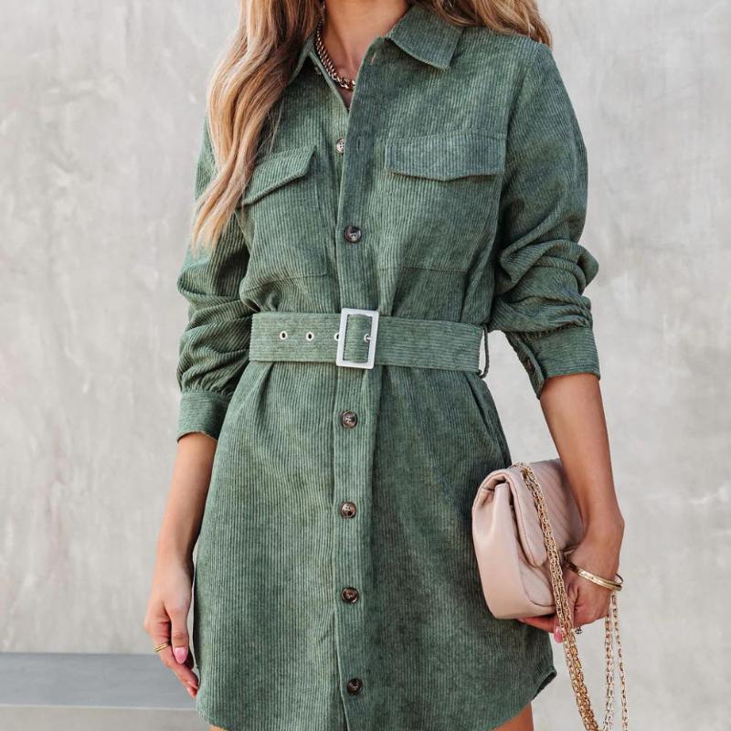 

Женские вельветовые платья, однобортное платье с пуговицами, длинным рукавом, отложным воротником, однотонным поясом, карманами в стиле пэчворк, облегающее платье-рубашка S зелёный