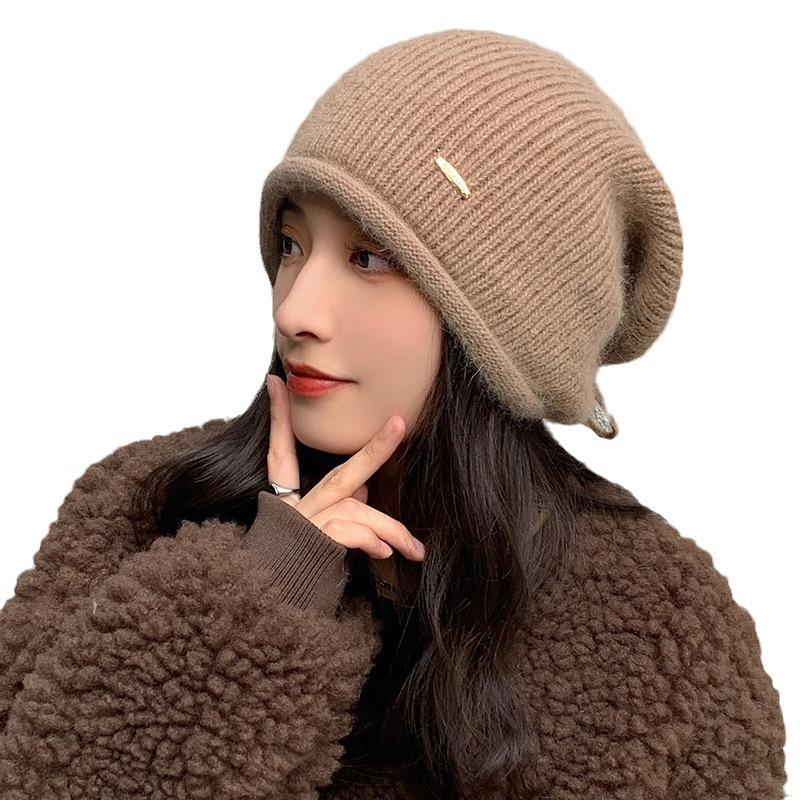 Autumn and winter wool hat women's big head circumference shows small face, ear protection keeps warm, imitation rabbit hair knitted drawstring