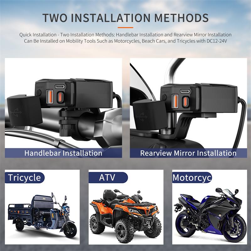 Digital 78W Pd30W+Qc3.0 Motorcycle Usb Charger With Retractable Cable Quick Phone Charger With Voltmeter & Independent Switch