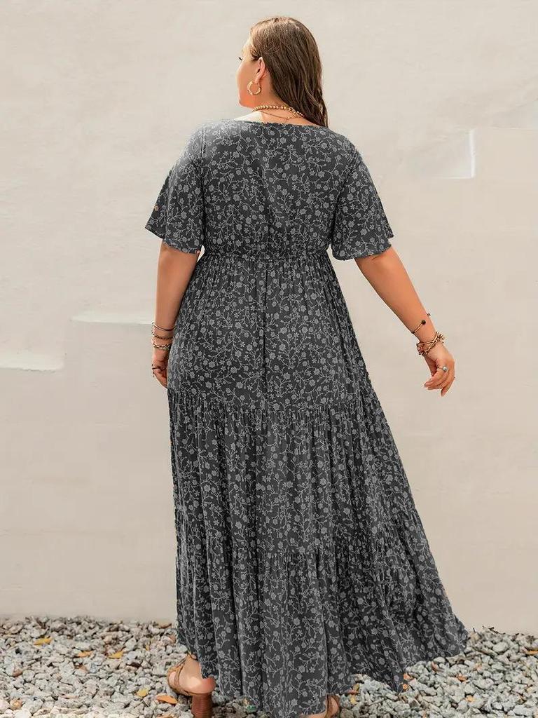Bohemian Floral Plus Size Short Sleeve Maxi Dress