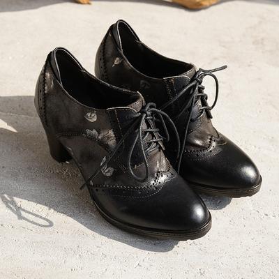 Britischer Stil Dicke Absatzpumps Retro Echtes Leder Schnürung Damen High Heels