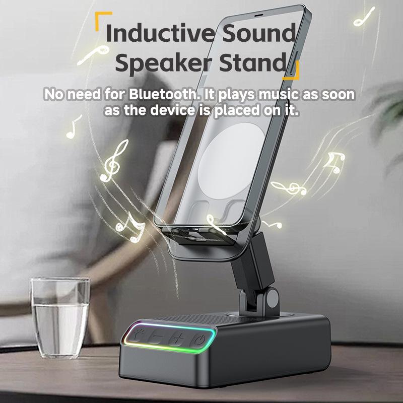 360° Rotating Phone & Tablet Stand with Bluetooth Speaker, RGB Lights, and Hi-Fi Desktop Amplifier