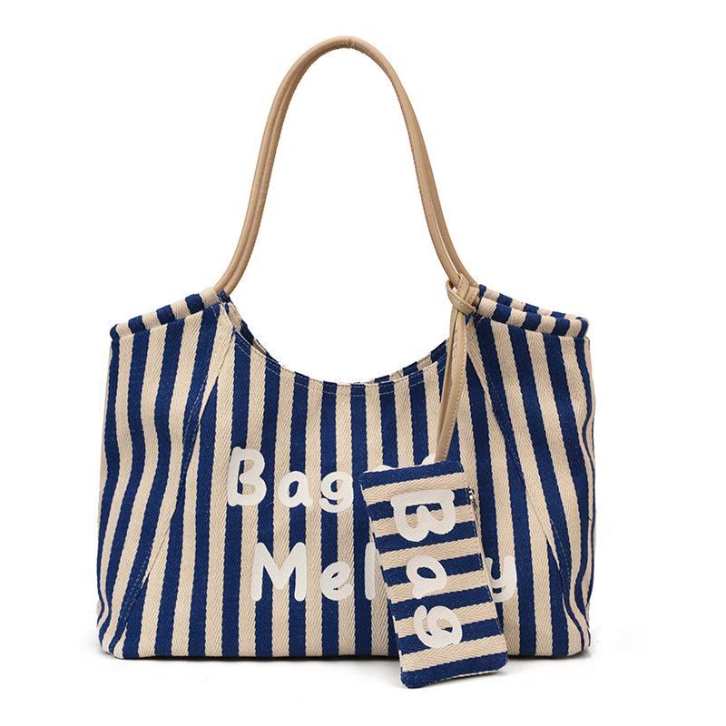 Canvas Striped Tote Bag - Women's College Style Handbag & Shoulder Bag