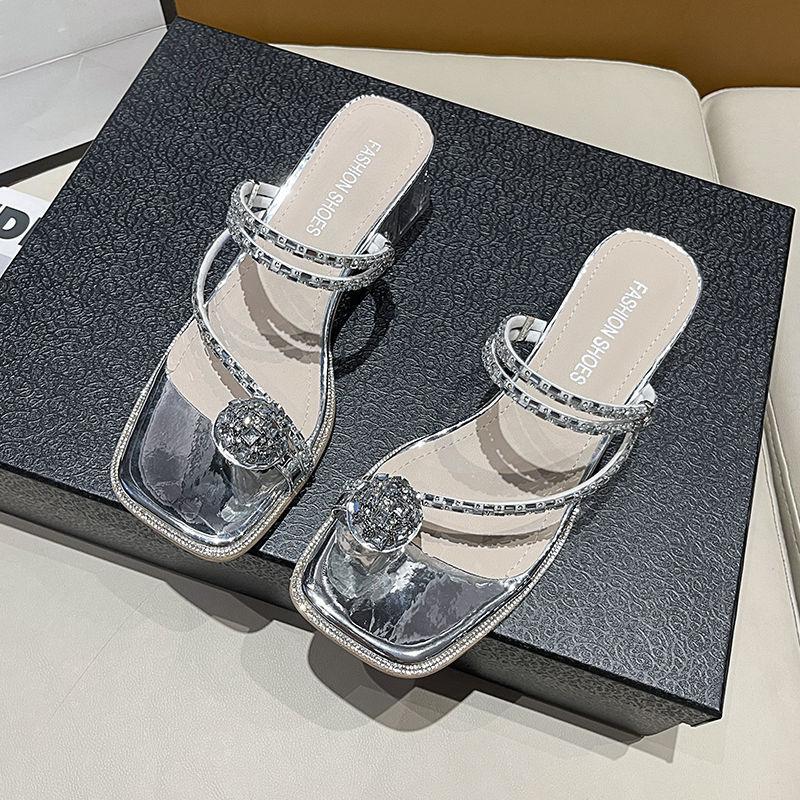 Two sandals for women to wear 2025 new summer fashion rhinestone toe fairy wind thick high heel crystal cool slippers