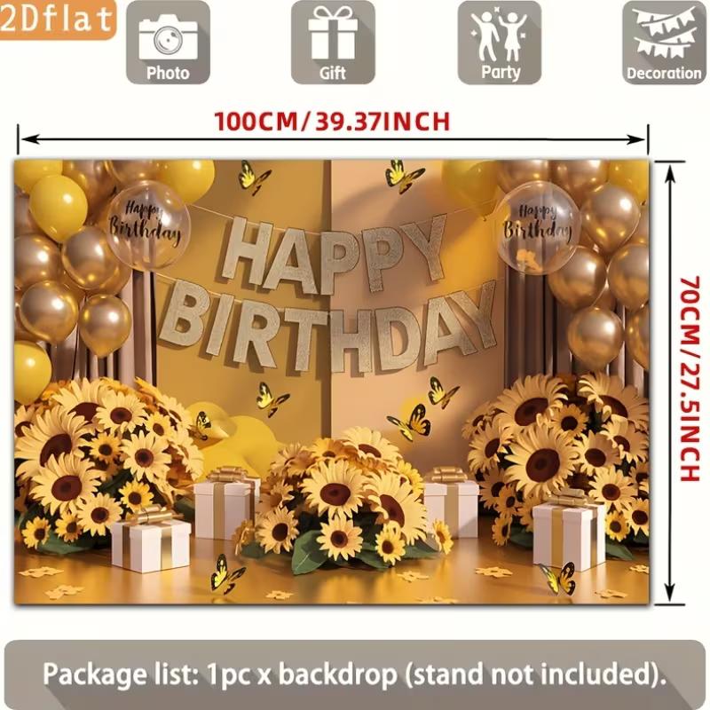 2D Birthday Photography Backdrop Yellow Background with Sunflowers, Butterflies and Balloons