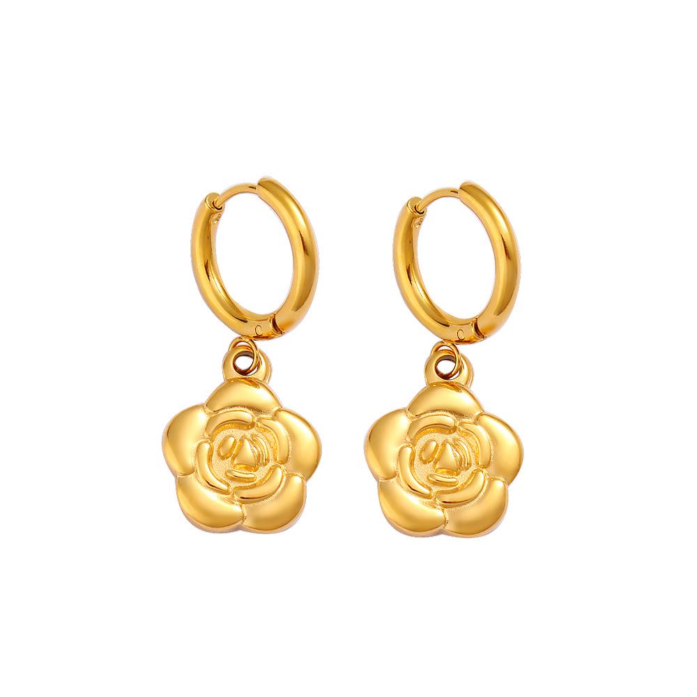 18K Gold Plated Flower Pendant Earrings - Stylish Stainless Steel Fashion for Women
