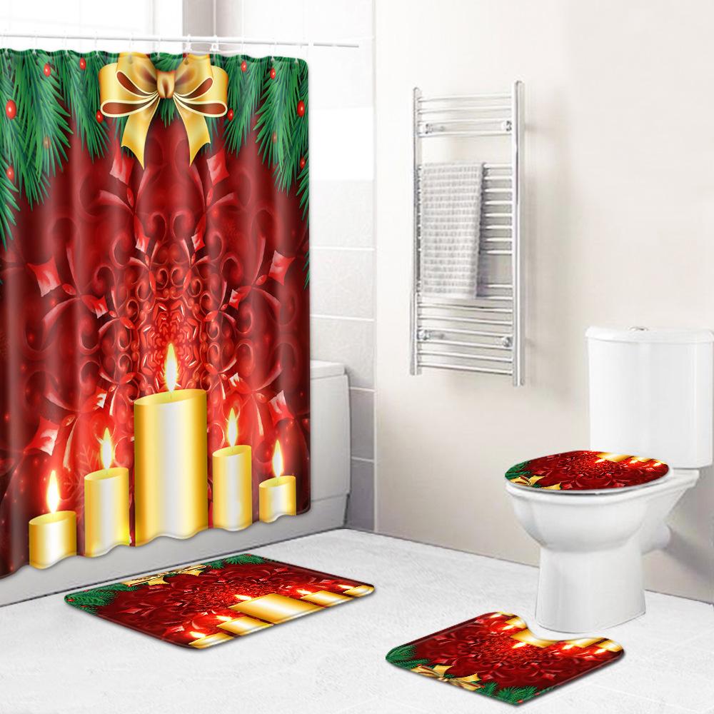 Christmas Waterproof Shower Curtain Floor Mat Four-Piece Set, Bathroom Water-Absorbing Non-Slip Door Mat, Shower Room Water-Absorbing Carpet