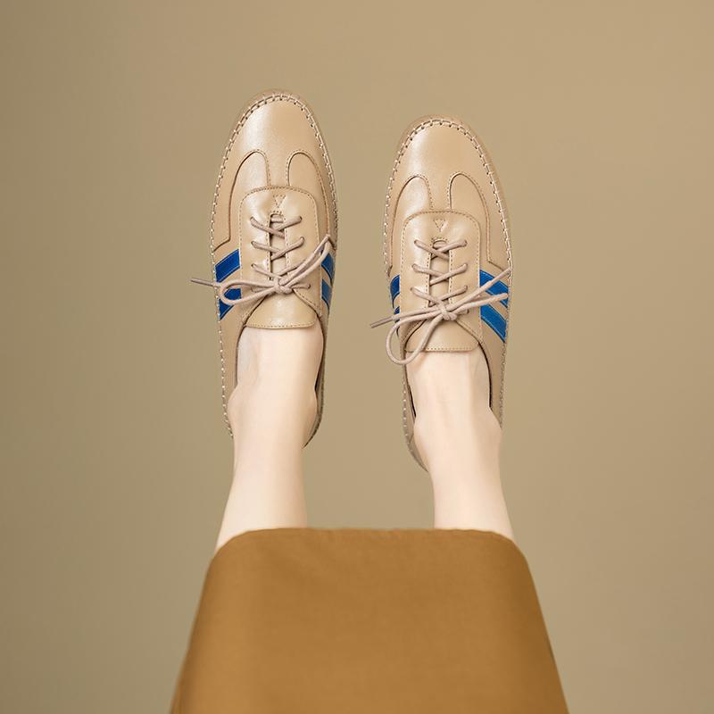 Mode Damen neue Leder Rindsleder runde Zehe Frühling und Herbst niedriger Absatz Übergröße Schnürschuh bequem lässig Sport Einzelschuh