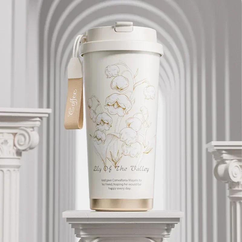 2026 Hot Lily of The Valley Design Travel Portable Leakproof Sippy Cup Coffee Cup Stainless Steel Car Cold Handy Cup Lijiao
