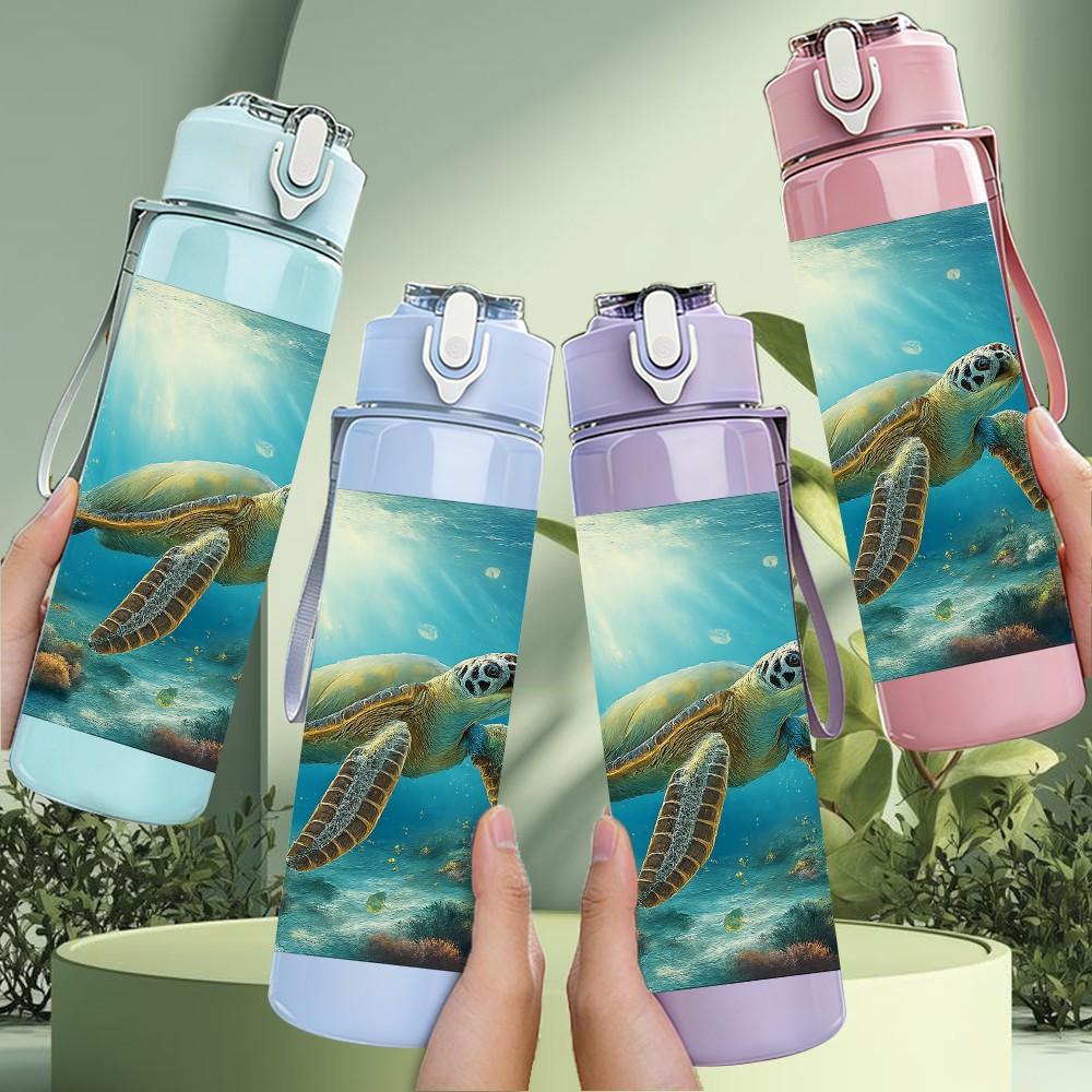 1PC Sea Turtle Underwater Ocean Print 750ml Color Plastic Sports Water Bottle Leakproof Flip Straw Lid Suitable for Sports Office Home Use