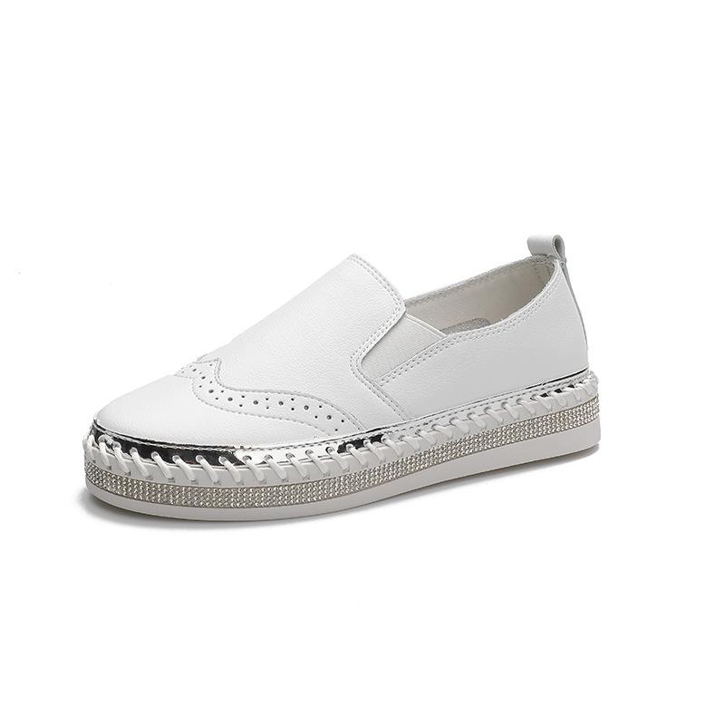 Fashion Women Platform Flats shoes Casual female Genuine Leather Walking flats Loafers for women White crystal Comfort Vacation shoes