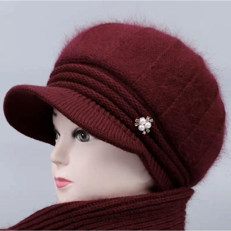 Hat Women's Autumn and Winter Knitted Hat Outdoor Cold-proof Large Brim Plush Warm Wool Hat Ear Protector