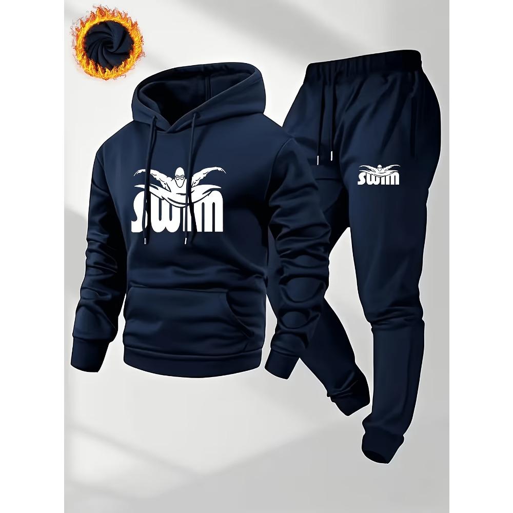 Swimming Printed Pattern Hooded Sweatshirt Set for Men's Casual Foot Binding Sweatpants Sports Set Comfortable and Breathable Daily Use