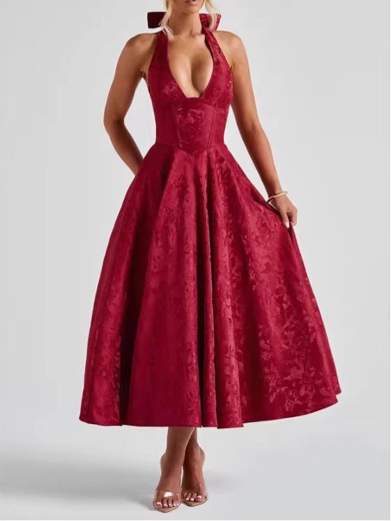 2026 Women's Exquisite Jacquard Halter Deep V High Waist A-line Dress