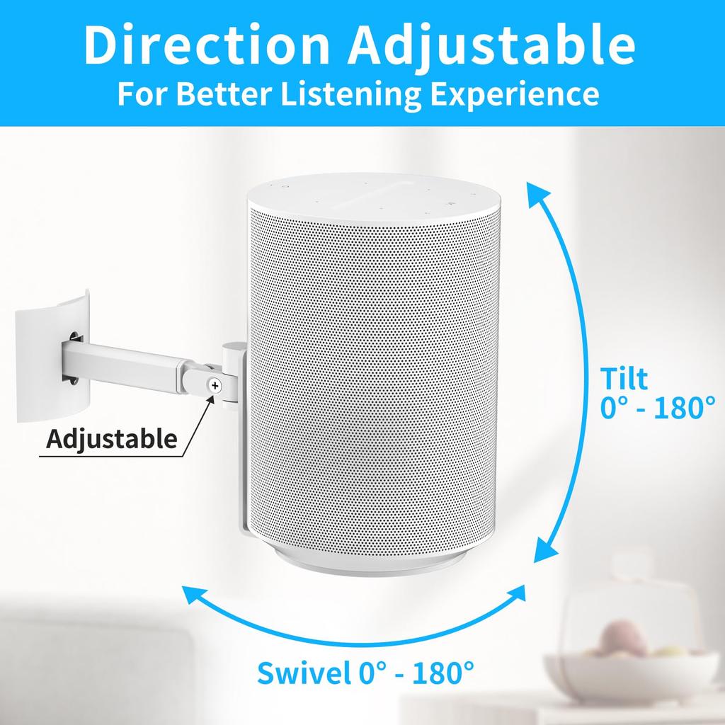 Yibracki Speaker Wall Mount or Ceiling for Sonos Era 100 Wireless Tilt Swivel Adjustable Mount Heavy Duty Mount Speaker White - &