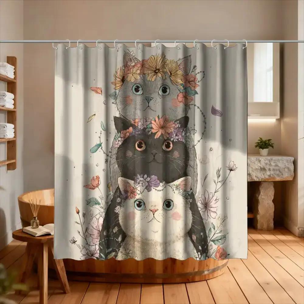 

A Bathroom Shower Curtain Featuring A Cat Beauty Contest For Pet Day, Includes 12 Hooks, Measuring 70.87*70.87Inch For Home Deco W60H190(CM)-1 Pcs