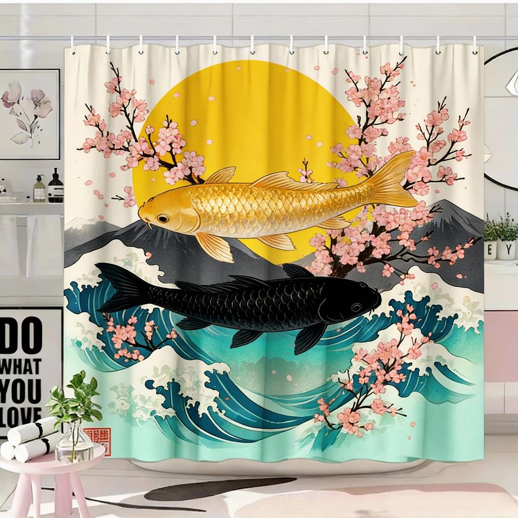 1pc Japanese Ukiyoe Koi Shower Curtain, Cherry Blossom, Red Sun, Snow Mountain Pattern, Easy to Hang, Fashionable Bathroom Decor