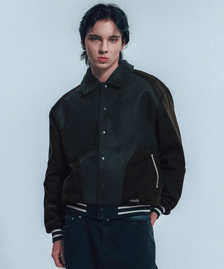 Rowdy Vegan Suede Mix Fitted Varsity Jacket_Black