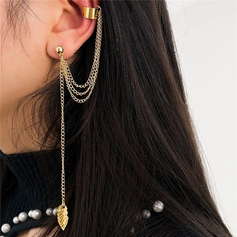 Boucles d'oreilles pendantes créatives minimalistes à chaîne feuille avec pampilles en métal, boucles d'oreilles à clip pour femmes, bijoux