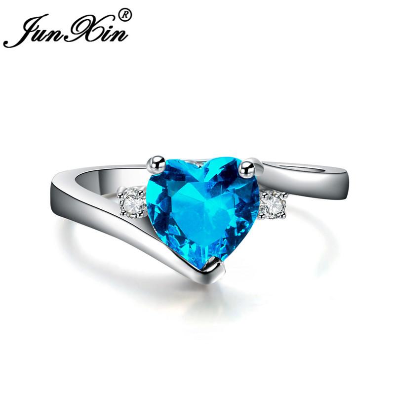 

JUNXIN Blue Birthstone Heart Rings For Women White Gold Filled Purple Pink Black Zircon White Fire Opal Engagement Band Female 6