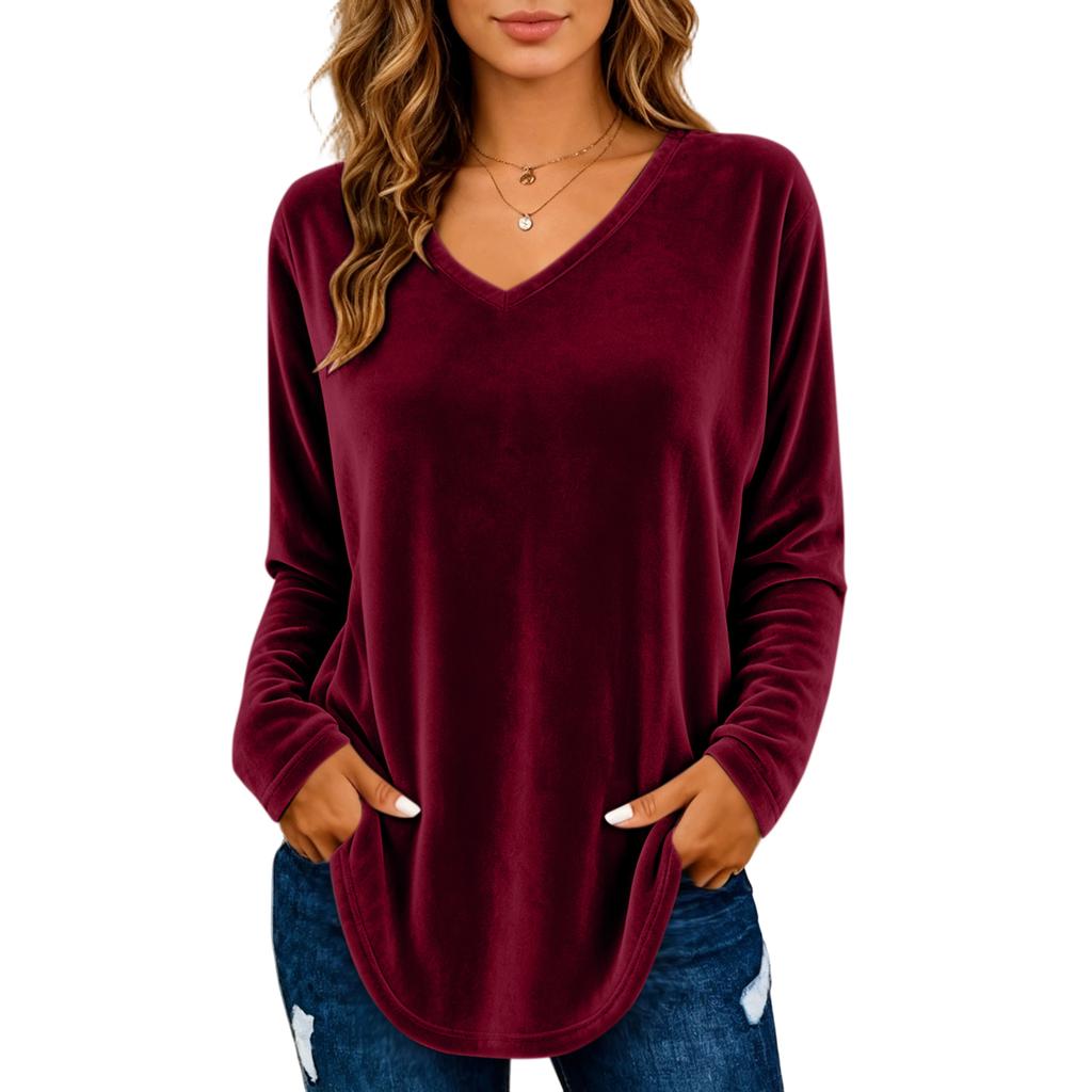 Women's Color V-Neck Long Sleeve Pullover Top for Casual Commuting and Daily Wear
