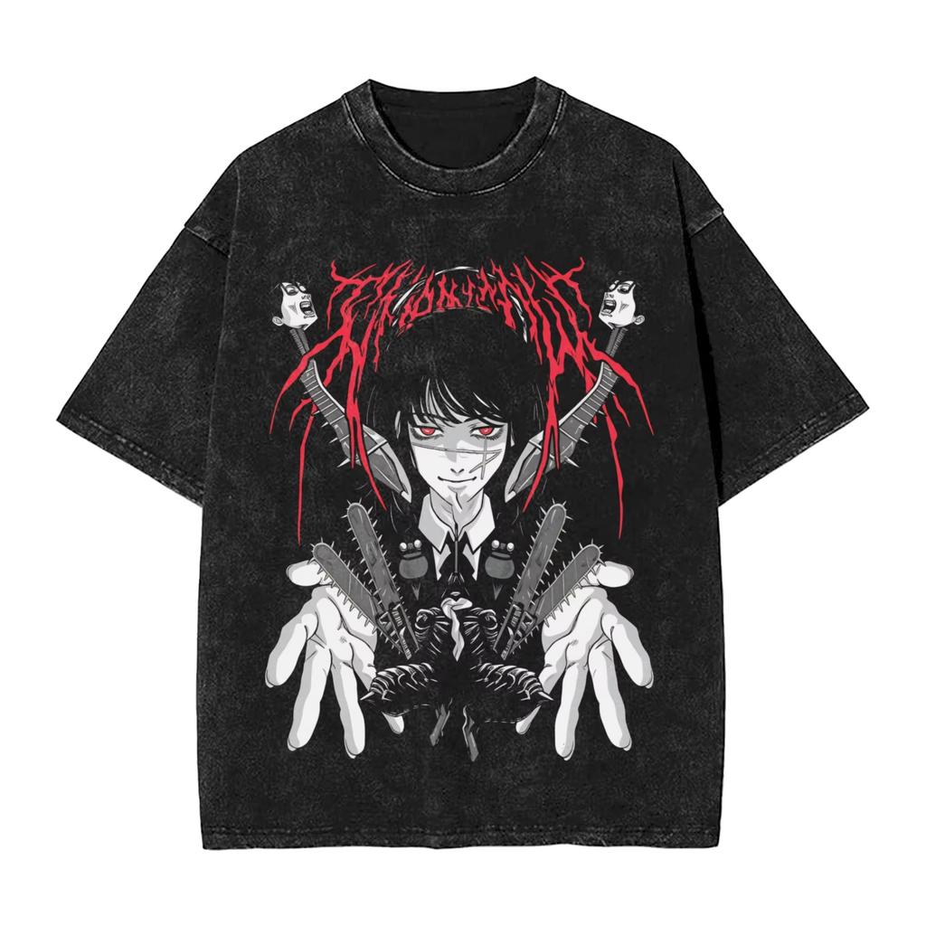 2026 Summer Chainsaw Man Yoru War Devil Washed Anime T-shirt Harajuku Streetwear Oversized Short Sleeve Daily Wear Cool Top