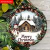 Wooden Christmas Sign with Snowman & Snow House Pattern - Navidad Round Sign for Front Door, Wall Hanging Decor - Ideal Christmas Decoration